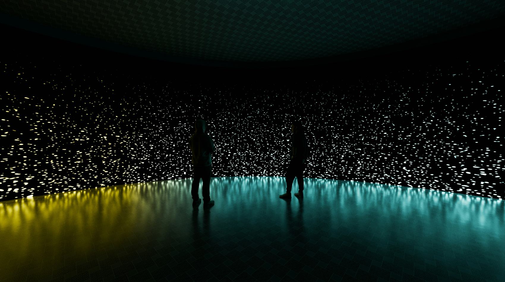 Two visitors before a curved wall of thousands of small lights